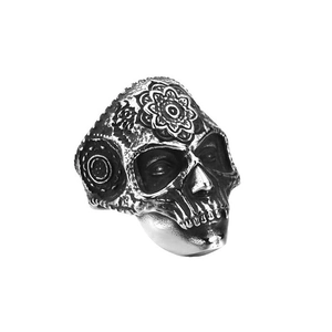 Vintage stainless steel skull ring with intricate floral carvings and punk gothic style