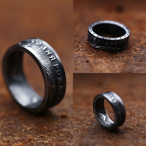 Vintage stainless steel anniversary coin ring with Russian engraving and star pattern