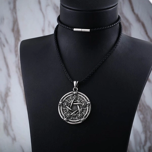 Vintage stainless steel pentagram pendant necklace on black leather cord cord