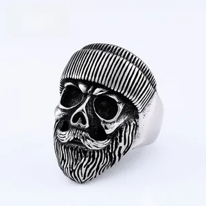 Detailed close-up of a retro stainless steel skull ring with beard and beanie hat