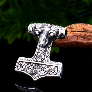 Vintage stainless steel Mjölnir pendant with Viking raven icons and spiral engravings