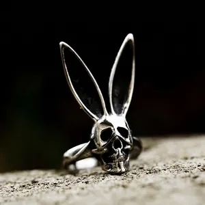 Vintage stainless steel rabbit skull ring with dark gothic aesthetic and distressed finish