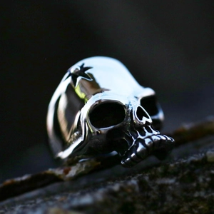 Vintage stainless steel skull ring for men with star engraving in gothic biker style