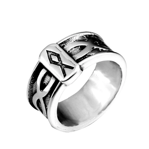Vintage Viking rune stainless steel ring for men with oxidized finish and woven texture