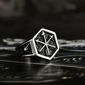 Vintage Stainless Steel Hexagon Signet Ring For Men Personalized Crossed Arrow Pattern Punk Hip Hop Jewelry Band Ring