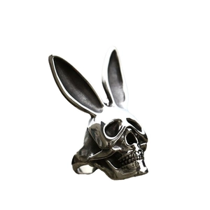 Vintage stainless steel skull ring with rabbit ears in gothic punk silver finish style