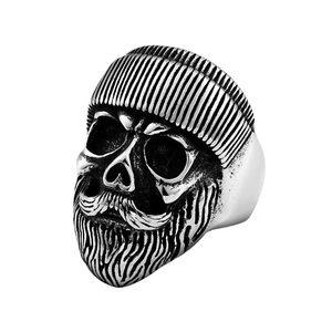 Vintage stainless steel skull ring featuring a bearded skeleton with knit hat design