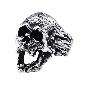 Men's gothic stainless steel skull ring with vintage distressed finish in silver