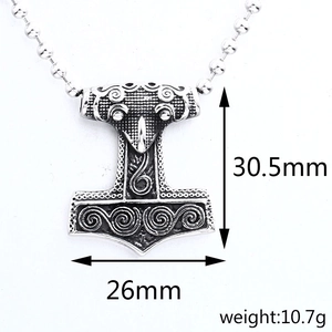 Vintage stainless steel Mjölnir pendant with Viking spiral engravings and dimensions