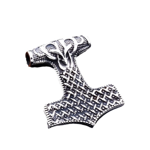 Vintage stainless steel Mjolnir pendant with Nordic raven and woven relief patterns