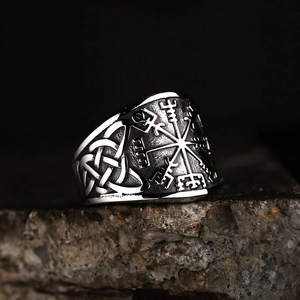 Vintage Viking compass stainless steel ring with Vegvisir and Celtic knot engraving