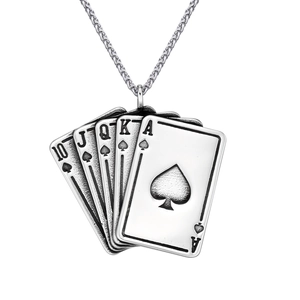 Retro stainless steel necklace featuring a spade royal flush poker card pendant set