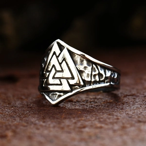 Vintage stainless steel Valknut Viking ring for men with rustic silver finish and engraving