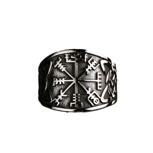Vintage stainless steel Viking Vegvisir compass ring with Norse knot side details