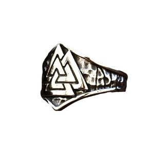 Vintage stainless steel Viking Valknut ring with Norse rune relief in silver finish
