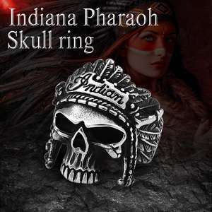 Anello da uomo in acciaio inossidabile con teschio di capo indiano e piume vintage