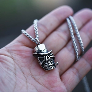 Retro punk skull pendant necklace with top hat and pipe in aged stainless steel
