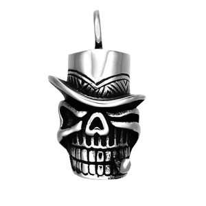 Punk style stainless steel skull pendant with top hat and cigar in vintage finish
