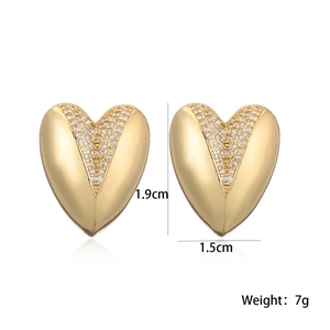 18K gold plated heart stud earrings with cubic zirconia, 1.9cm height for women