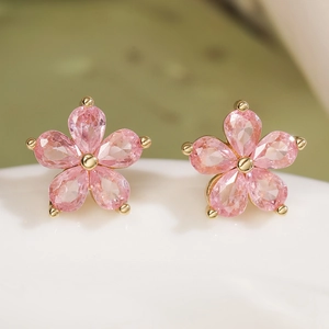 Orecchini a fiore placcati oro 18 carati con petali di zircone rosa per donna eleganti