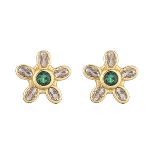 Squisiti orecchini a lobo a fiore placcati in oro 18K con pietra verde e zirconi