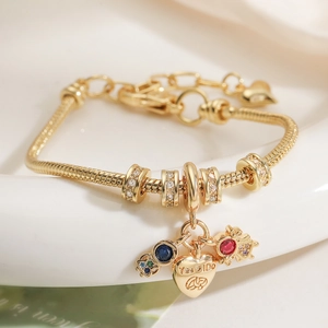 Bracelet Chaîne Serpent en Cuivre Plaqué Or 18K Avec Breloques en Zircone pour Femme Mode Cœur Étoile Marie Arcobaleno