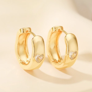 Fashionable 18K gold plated heart zircon hoop earrings for women in a vintage huggie style
