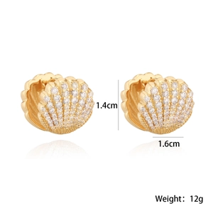 18K gold plated shell earrings with sparkling cubic zirconia, 1.4cm by 1.6cm size