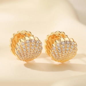 Luxury 18K gold plated shell earrings with sparkling white cubic zirconia crystals