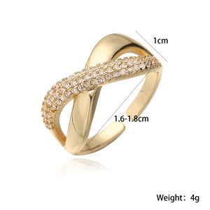 Detail view of gold geometric open ring with micro-paved zircons and 1cm width scale