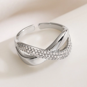 Silver geometric crossover open ring with polished band and sparkling cubic zirconia stones