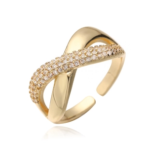 Minimalist gold-plated criss-cross ring with white cubic zirconia and adjustable opening
