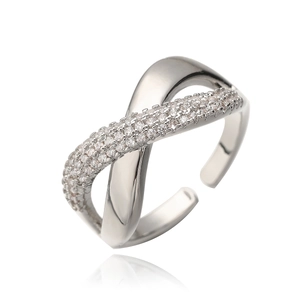 Crossed geometric open ring with cubic zirconia inlay and high polished silver finish