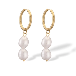 Elegante 18K vergoldete Edelstahl-Ohrringe für Damen mit doppelten weißen Barockperlen