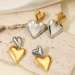 Minimalist Stainless Steel Heart Dangle Earrings For Women Two Tone Gold Silver Contrast Color Polished Heart Drop Earrings
