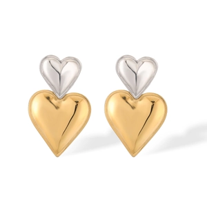 Polished heart shaped drop earrings featuring dual tone silver and gold metallic finish