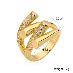 Detail view of gold-plated geometric ring with triple-row micro-set zircons and dimensions