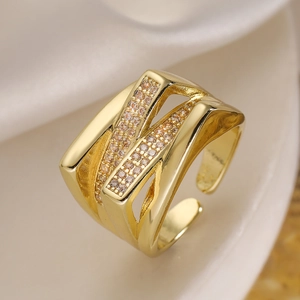 Elegant gold-plated geometric open ring featuring multi-row zircon pavé settings