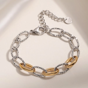 Minimalist Two-Tone Stainless Steel Chain Bracelet For Women Elegant Gold Silver Oval Link Polished Textured Jewelry Accessory