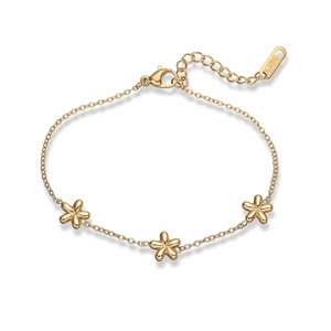 Minimalist 18K gold plated stainless steel bracelet with three 3D flower charms