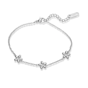 Detailed view of silver stainless steel flower bracelet with lobster clasp and extension
