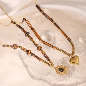 Collier en Acier Inoxydable Oeil de Tigre Style Maillard Vintage Plaqué Or Pendentif Cœur Rond Géométrique Bijoux Bohème Femme