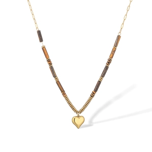 Collier en acier inoxydable de style vintage avec pendentif cœur et perles d'œil de tigre