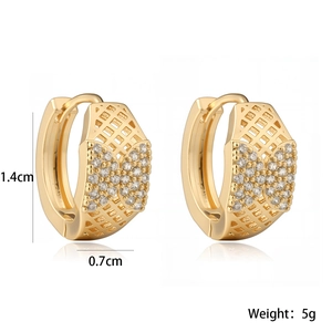 Detail view of gold-plated geometric stud earrings with zircon inlay and 1.4cm dimensions