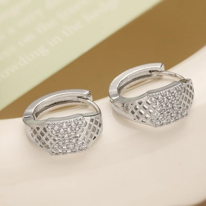 Silver geometric hoop earrings with cubic zirconia pave and hollow mesh design