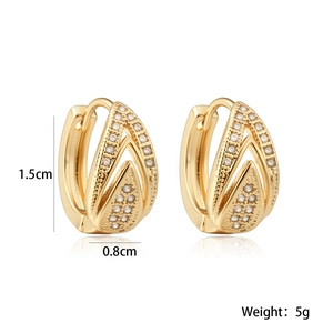 Detail view of 18K gold plated earrings with intertwined lines and zircon stone size specs
