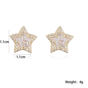 Detailed view of gold plated star stud earrings with cubic zirconia and 1.1cm dimensions