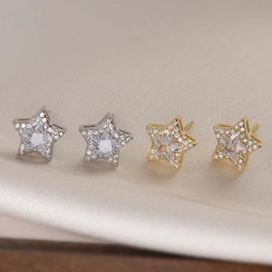 Elegant 18K Gold Plated Copper Stud Earrings Star Heart Oval Shapes With Sparkling Cubic Zirconia For Women Daily Jewelry