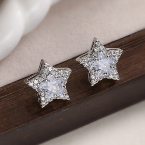 Exquisite silver-colored 18K gold-plated star stud earrings with zircon stones for women