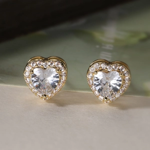 French Vintage Elegant Copper Heart Star Oval Stud Earrings For Women 18K Gold Plated Rhinestone Minimalist Jewelry Gift